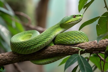 Close-up of a green snake coiled up on a branch.