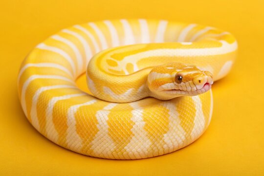 Close-up of a ball python snake coiled up on a yellow background.