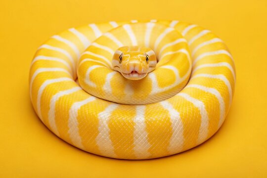 Close-up of a ball python snake coiled up on a yellow background.