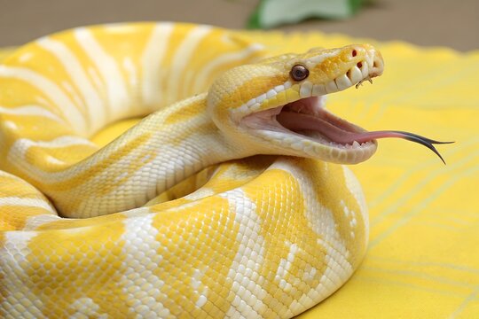 Close-up of a ball python snake coiled up on a yellow background.