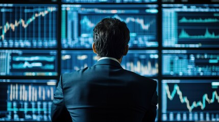 Fototapeta premium Businessman analyzing financial data on multiple screens. (1)
