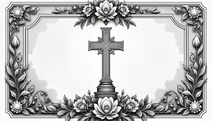 Funeral card template. Decorative frame with floral ornaments. Elegant cross on pedestal. Space for name birth, death dates. Suitable for obituaries, memorials. Classic vintage style. Black, white.