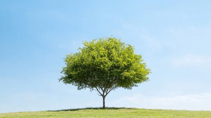 Obraz premium Lone tree on grassy hill under blue sky; nature scene for eco-friendly projects