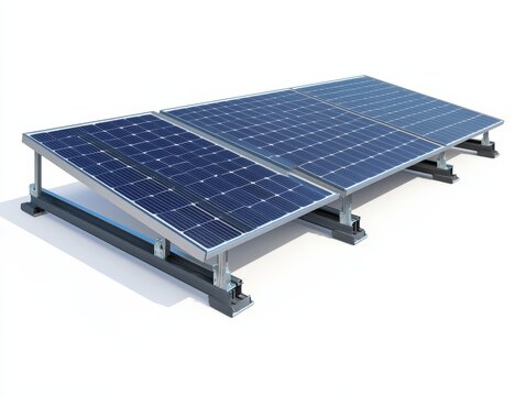 Three solar panels mounted on a ground-based rack system, angled for optimal sunlight exposure.