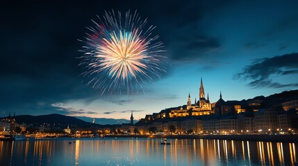 Fototapeta premium Dynamic multicolored fireworks illuminating a classic skyline, their reflections blending with softly glowing water below