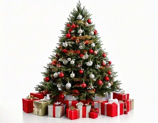 Gorgeous natural Christmas tree with red and silver gray ornaments