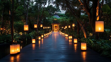 Fototapeta premium Festive pathway illuminated by hanging lanterns, leading to a grand temple entrance surrounded by lush trees
