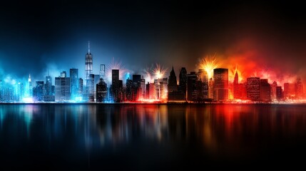 Obraz premium Futuristic city skyline alive with fireworks, neonlit buildings reflecting bursts of red, blue, and gold in the sky