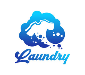 Laundry icon, wash service emblem featuring a shirt surrounded by bubbles and foam, symbolizing washing, cleanliness and freshness. Isolated vector emblem for laundromats, cleaning service or business
