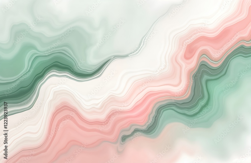 Poster Abstract background with soft pastel colors. Marble-like texture with flowing lines, patterns. Sage green, blush pink shades combine in gentle blend. Looks like tranquil, beautiful wallpaper design.