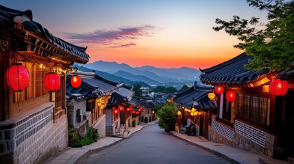 Obraz premium Festive street with hanging lanterns, glowing in warm red tones, traditional houses in the background, intricate details of temple roofs, vibrant and inviting atmosphere