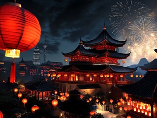 Fototapeta premium Goldenroofed pagoda surrounded by red lanterns and greenery, vibrant fireworks illuminating the entire scene with energy