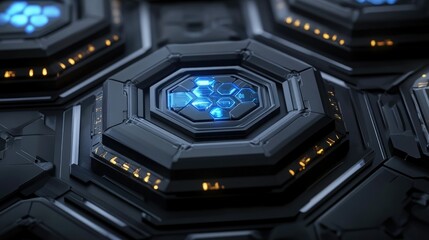 Fototapeta premium Layered hexagon shapes with intricate details and glowing effects in a high-tech style