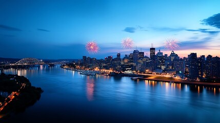 Obraz premium Fireworks cascading in vivid trails above an iconic skyline, the interplay of light and architecture creating a magical scene