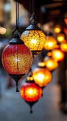 Hanging lanterns in various shapes and sizes, glowing softly in rich red and gold, a closeup composition with exquisite details