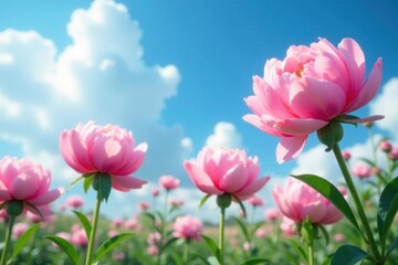 Obraz premium Soft pink peonies against a brilliant blue sky with fluffy white clouds, blue sky, garden, landscape