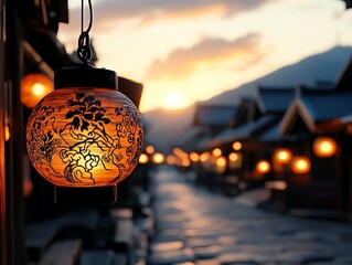 Glowing lanterns hanging above a cobblestone street, their intricate patterns casting soft light on wooden houses and pathways