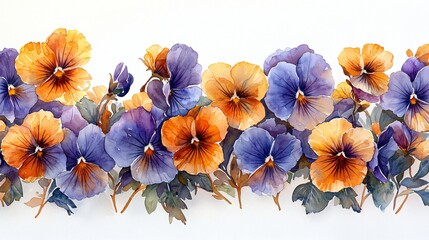 Watercolor pansy border; floral design; white background; textile print