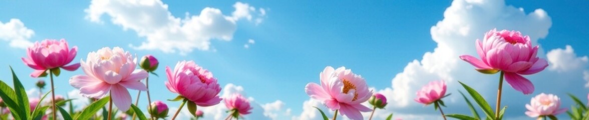 Obraz premium Soft pink peonies against a brilliant blue sky with fluffy white clouds, blue sky, garden, spring