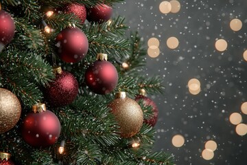 Close Up of Christmas Tree with Red and Gold Ornaments and Falling Snow