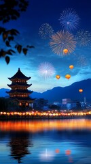 Obraz premium Grand festival scene featuring a temple surrounded by a sea of lanterns, vibrant firework displays filling the night sky