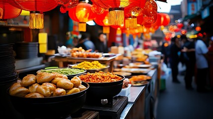 Fototapeta premium Lantern festival street market, glowing red and gold lanterns overhead, vibrant details of food stalls and traditional decor