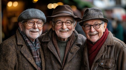 Fototapeta premium Three Smiling Elderly Men Wearing Hats and Coats