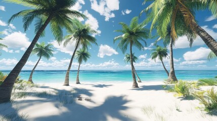Tranquil Tropical Beach Paradise: Palm Trees, Azure Ocean, White Sand