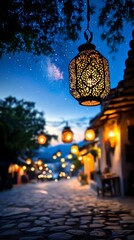 Obraz premium Lanterns swaying gently above a cobblestone street, intricate designs glowing warmly against a starry night sky