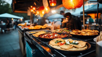 Lantern festival street market, glowing red and gold lanterns overhead, vibrant details of food stalls and traditional decor