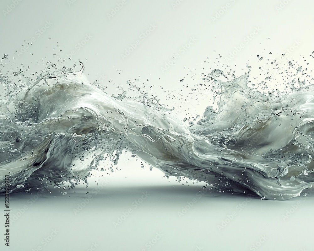 Poster Abstract swirling liquid with splashes and droplets on a light gray background.