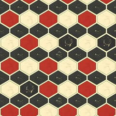 A geometric pattern featuring hexagonal shapes in red, black, and cream colors.