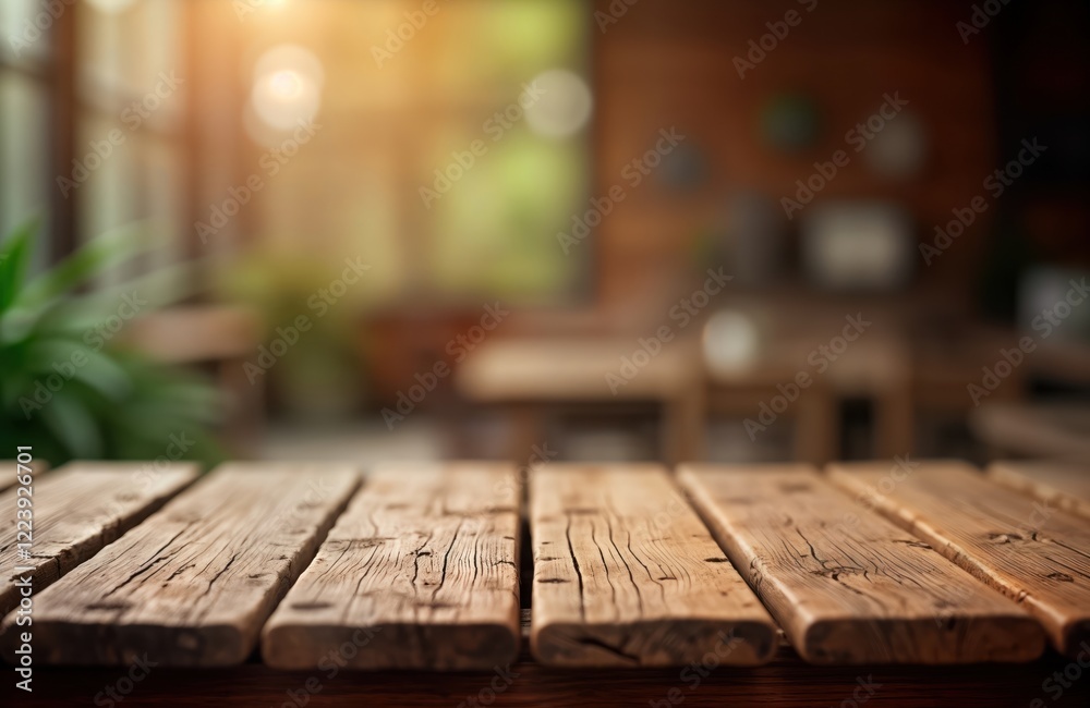 Poster rustic wooden table top with blurred background showing interior setting. natural wood texture, grai