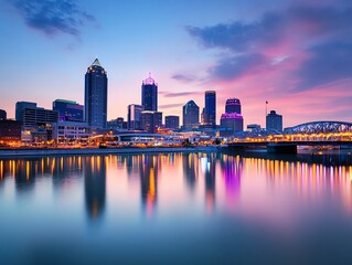 Fototapeta premium Modern skyline glowing under bold pink and purple fireworks, dramatic reflections enhancing the lively festive atmosphere