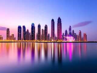 Obraz premium Modern skyline glowing under bold pink and purple fireworks, dramatic reflections enhancing the lively festive atmosphere