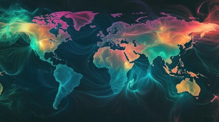Abstract world map with colorful energy flows.