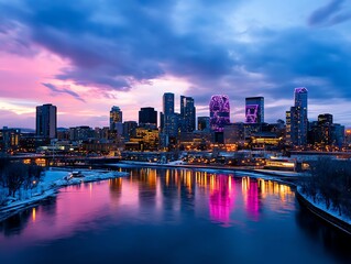 Fototapeta premium Modern skyline glowing under bold pink and purple fireworks, dramatic reflections enhancing the lively festive atmosphere