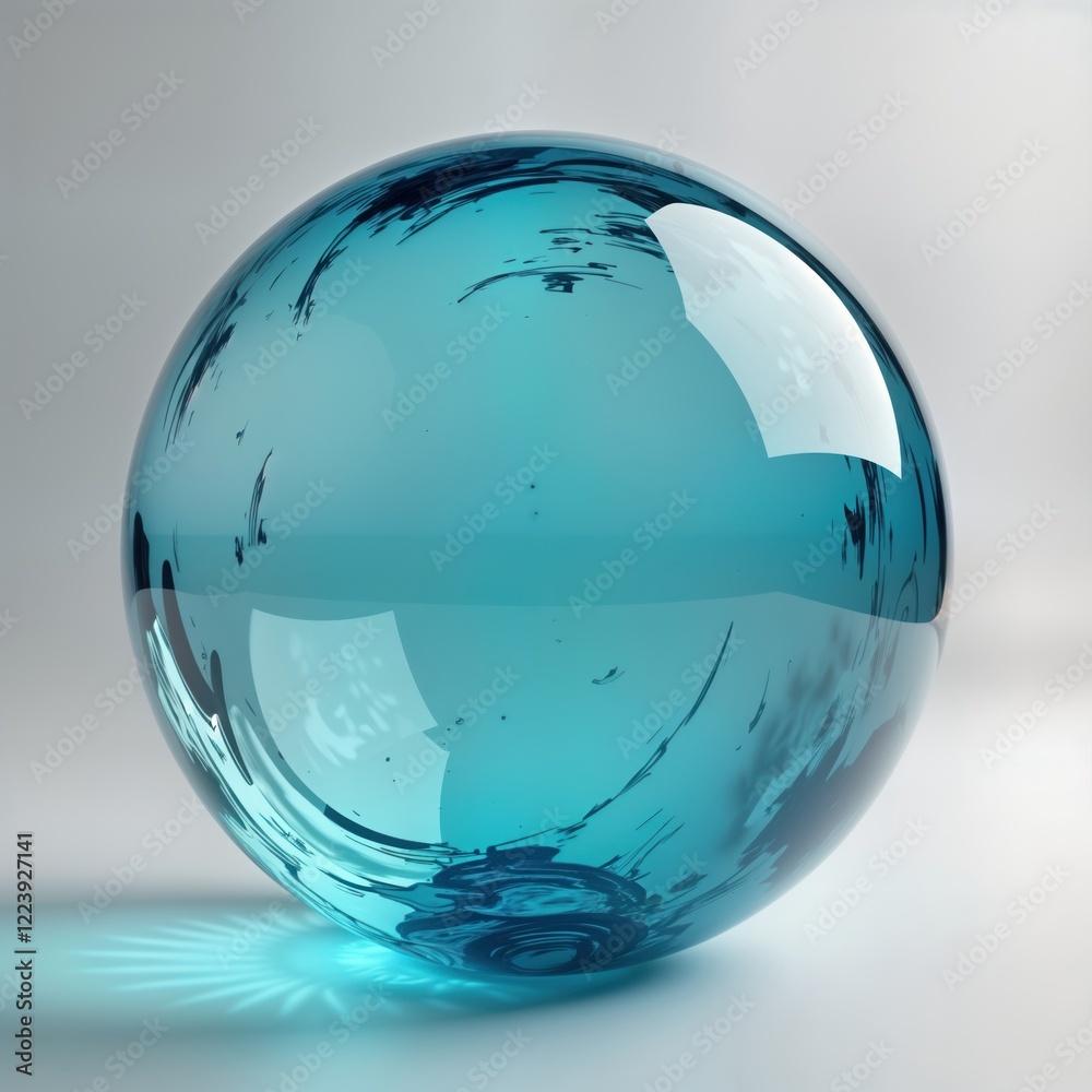 Poster Elegant blue glass sphere illustration. Modern graphic design concept. Smooth surface with swirling patterns. Light reflecting on surface. Abstract object. Luxury visual. Realistic design. Sphere