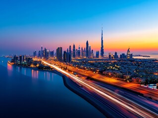 Naklejka premium Panoramic view of a glowing skyline, radiant firework explosions filling the horizon, a perfect blend of color and architecture