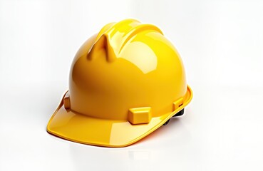 Fototapeta premium Bright yellow safety helmet sits on plain white background. Construction industrial protective headwear. Safe equipment for industry, construction. Ideal for building sites factories. Protecting