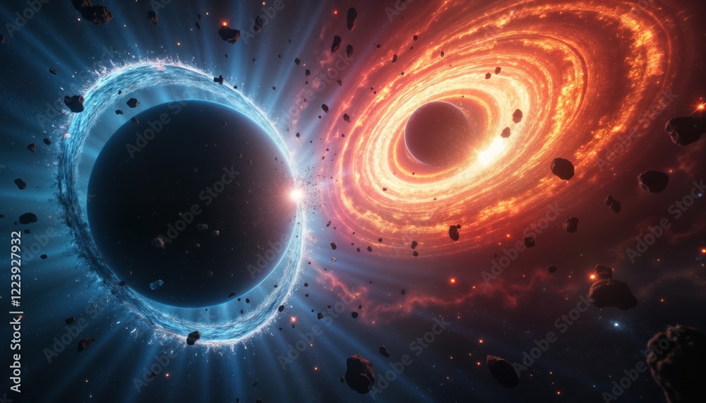 Poster two supermassive black holes collide. debris bursts into deep space. ethereal floats near accretion 