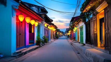 Fototapeta premium Quiet evening street with glowing lanterns hanging in rows, serene ambiance surrounded by traditional wooden houses