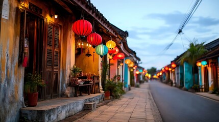 Obraz premium Rows of red and gold lanterns hanging above a quaint street, ornate carvings on wooden houses glowing softly