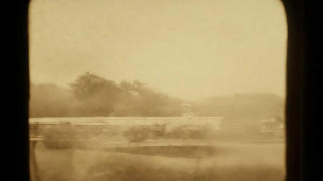 Scenic vintage view through a train window showcasing blurred landscapes, trees, and rolling hills at golden hour, evoking a sense of nostalgia and adventure on a journey
