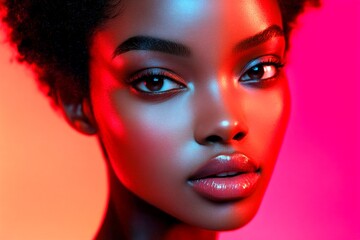 Fototapeta premium Short trim - highlighted hair. Attractive calm black girl - for ads, magazine ad and social media use. Commercial ad campaign concept visual artwork design. African american creative model.