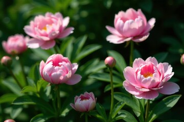 Soft pink peony flowers in a lush green foliage with deep shadow, garden flowers, garden scenes, flowers