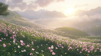Obraz premium Serene sunrise over a blooming hillside meadow with mountains in the background.
