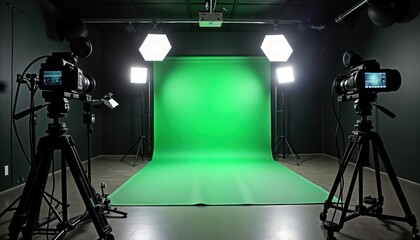 Pro media production studio setup with green screen, lighting equipment. Cameras on tripods ready for filming. Modern studio environment for video photo production. High-end tech equipment arranged