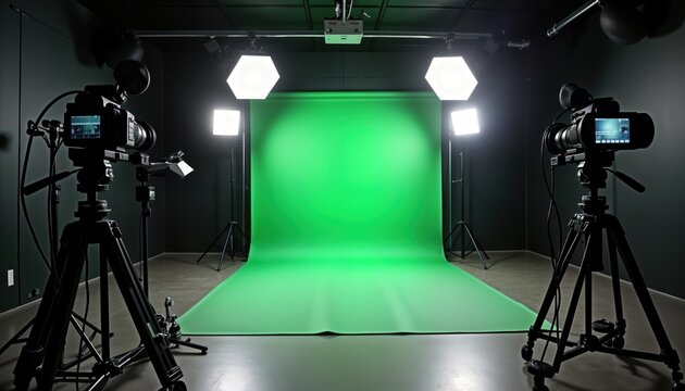 Pro media production studio setup with green screen, lighting equipment. Cameras on tripods ready for filming. Modern studio environment for video photo production. High-end tech equipment arranged