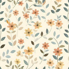 Fototapeta premium A floral pattern featuring colorful flowers and leaves on a light background.